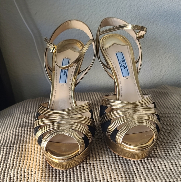 Prada Gold Leather Strapy Sandals - Picture 2 of 7